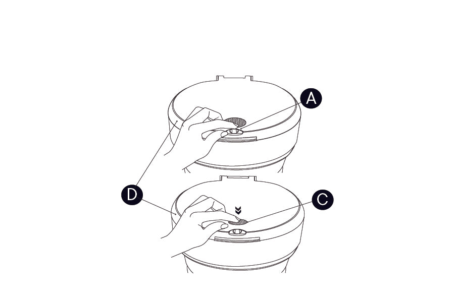 Step 2: Tear off a PurePail™ Bag. Slide open child safety lock (A). Push textured oval spot (C) to raise lid. NOTE: If lid does not pop open, ensure entire PurePail™ top (D) is fully closed.