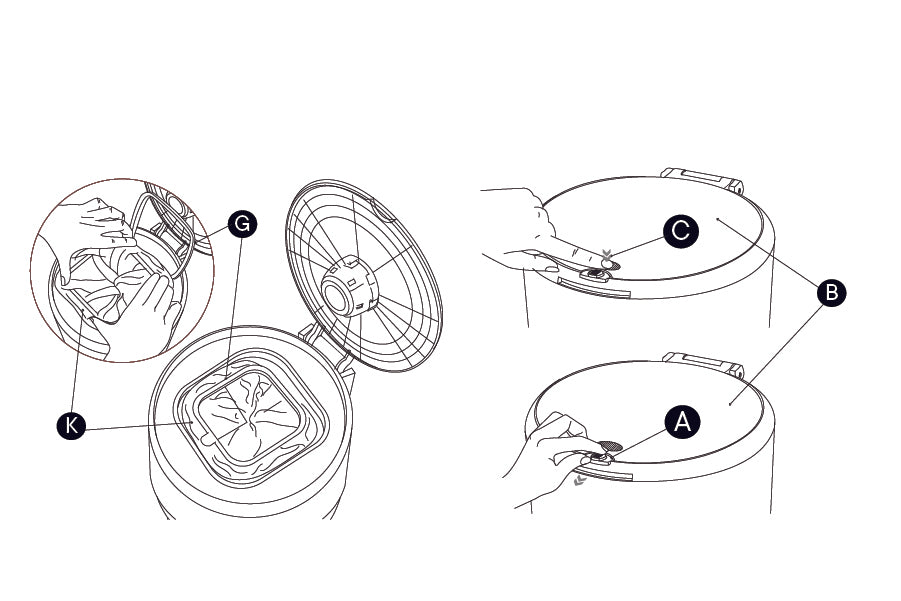 Step 3: Place edge of bag at least 1 inch beyond  membrane edge (K).  Snap pinch ring (G) closed over bag. For a secure hold, excess  bag will stick out beyond pinch ring (G). Push lid closed. Slide child safety lock (A) closed.