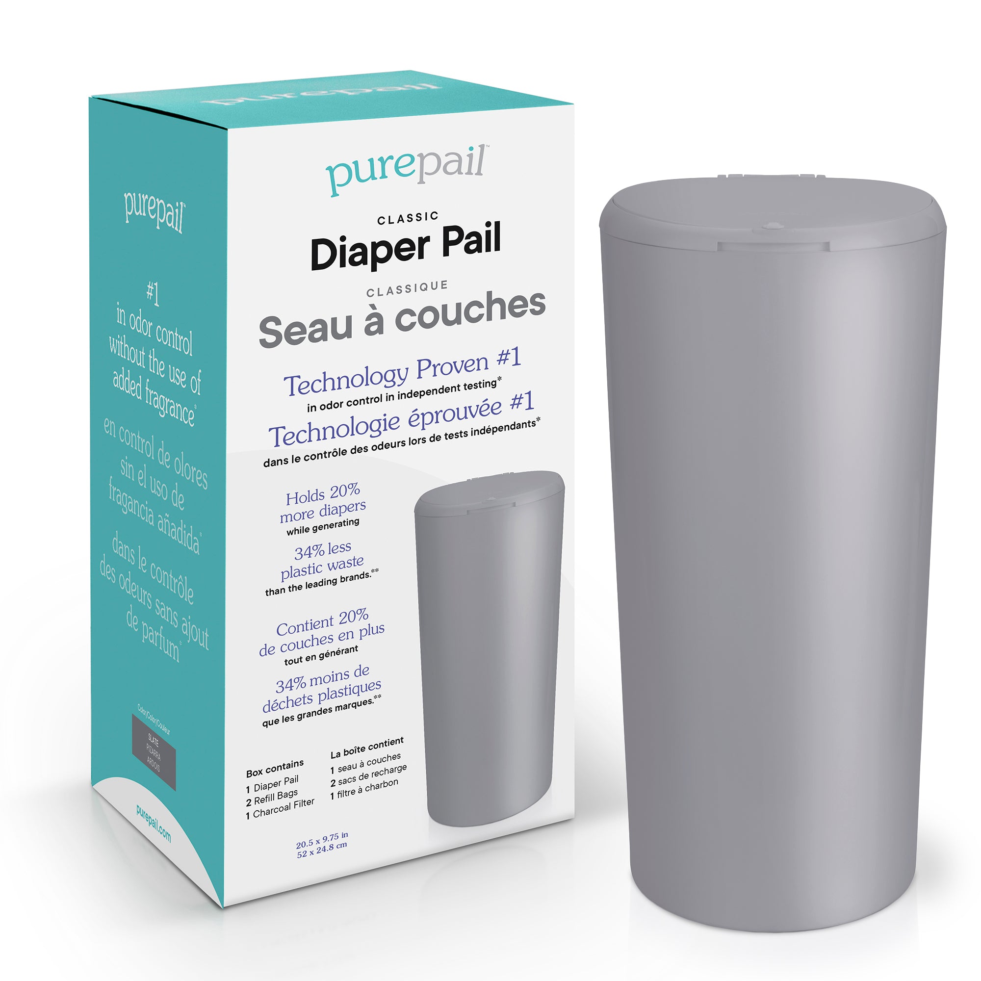 PurePail Classic Slate Diaper Pail Shown With Packaging