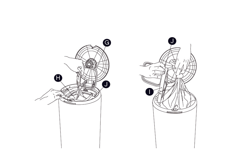 Removing a PurePail Bag. Step 5: Unsnap pinch ring (G) to release bag. Pull up bag, tie knot, then push knot  below membrane flaps (H). This will keep the smell locked inside. Lift membrane door (I) using finger flap (J)  on right side. Remove bag.