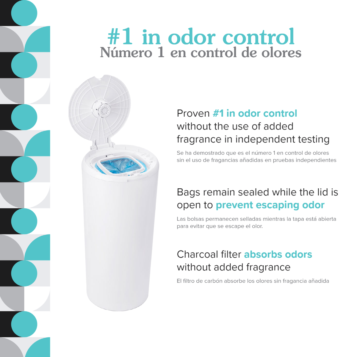 PurePail Classic Diaper Pail Shown With Lid Open and Explanation of Odor Control Benefits